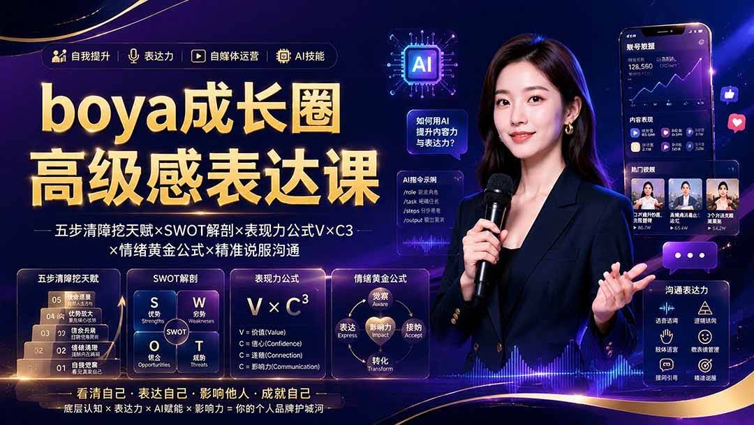 (19582期)boya成长圈|内心成长高级表达AI自媒体三合一,消解内耗挖掘天赋,镜头沟通AI指令短视频全流程教学-泰戈创艺资源库