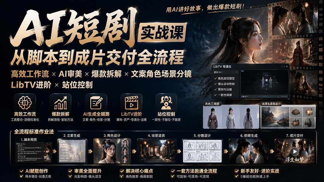 (19717期)AI短剧实战课:高效工作流×AI审美×爆款拆解×文案角色场景分镜×LibTV进阶×站位控制×从脚本到成片交付全流程-泰戈创艺资源库