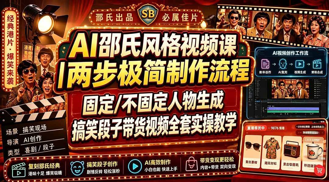 （19602期）AI邵氏风格视频课｜两步极简制作流程，固定/不固定人物生成，搞笑段子带货视频全套实操教学-泰戈创艺资源库