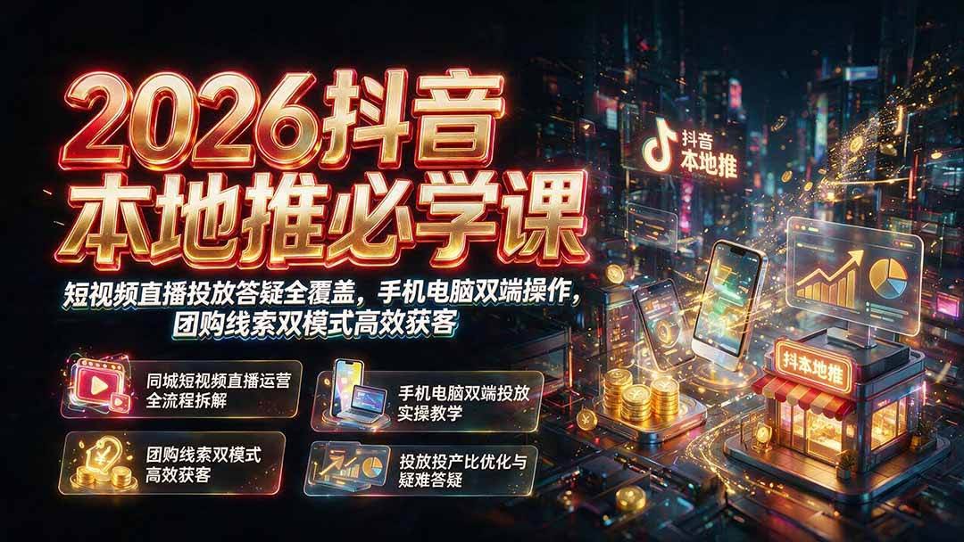 (19618期)2026抖音本地推必学课|短视频直播投放答疑全覆盖,手机电脑双端操作,团购线索双模式高效获客-泰戈创艺资源库