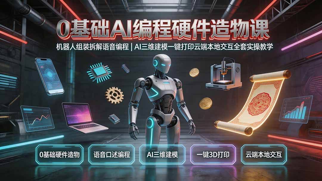 (19612期)0基础AI编程硬件造物课|机器人组装拆解语音编程,AI三维建模一键打印云端本地交互全套实操教学-泰戈创艺资源库