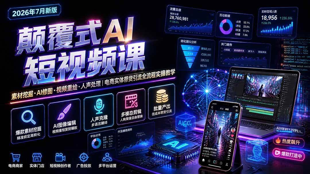 (19630期)颠覆式AI短视频课|素材挖掘,AI修图,视频重绘,人声处理|电商实体带货引流全流程实操教学-泰戈创艺资源库