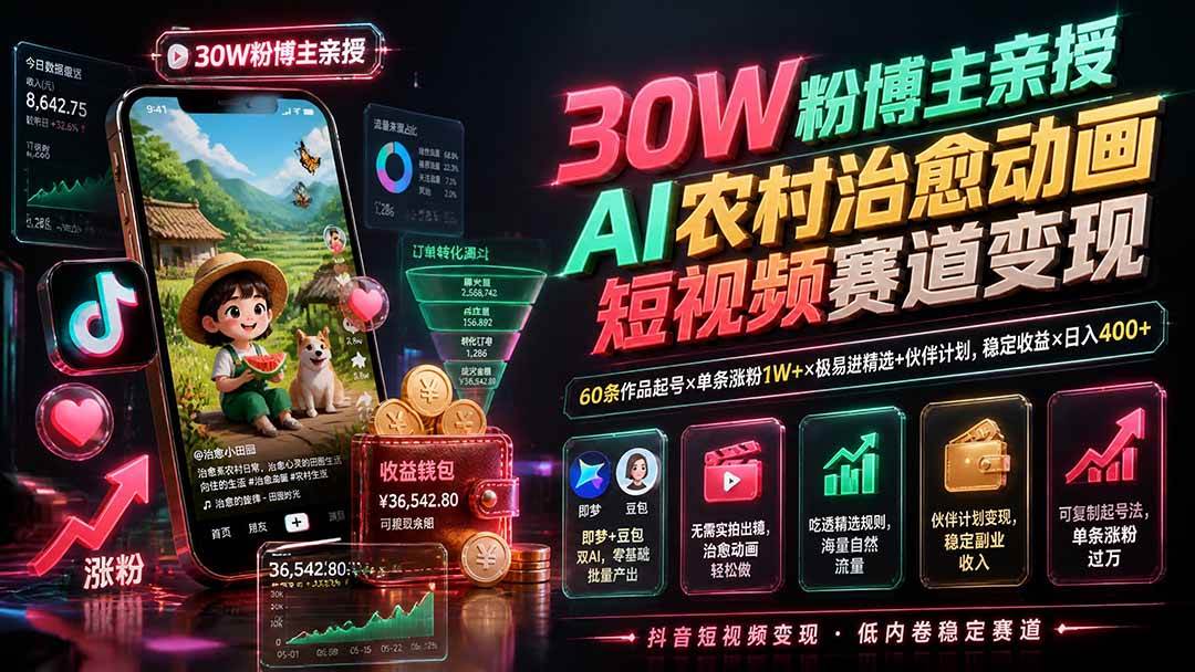 (19648期)30W粉博主亲授AI农村治愈动画短视频赛道变现:60条作品起号×单条涨粉1W+×极易进精选+伙伴计划,稳定收益×日入400+-泰戈创艺资源库