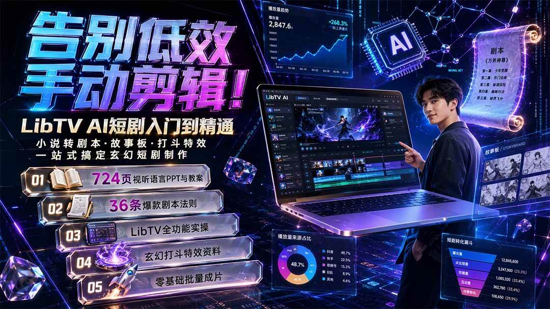 （19678期）告别低效手动剪辑！LibTV AI短剧入门到精通，小说转剧本方法，故事板打斗特效一站式搞定玄幻短剧制作-泰戈创艺资源库
