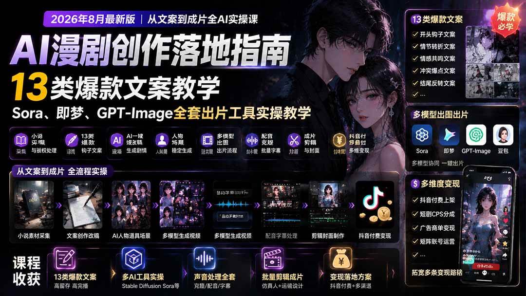 (19691期)AI漫剧创作落地指南|13类爆款文案教学,Sora、即梦、GPT-Image全套出片工具实操教学-泰戈创艺资源库