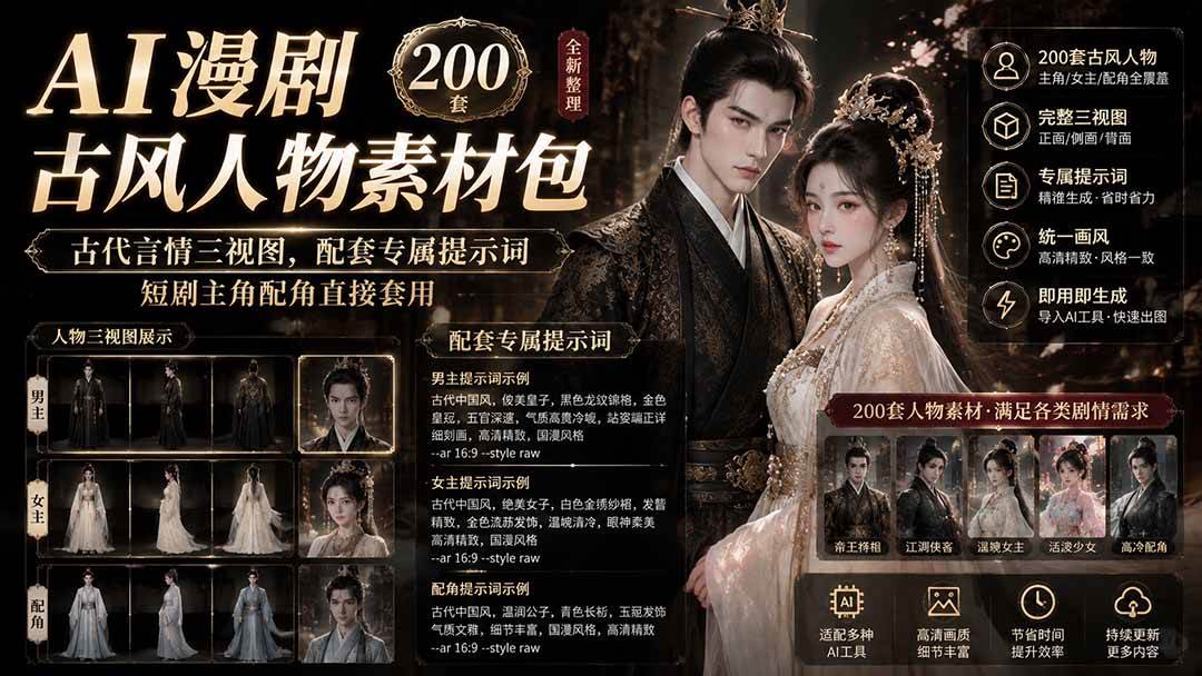 (19693期)AI漫剧古风人物素材包+提示词|200 套古代言情三视图,配套专属提示词短剧主角配角直接套用-泰戈创艺资源库