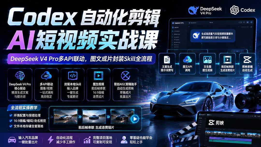 (19711期)Codex自动化剪辑AI短视频实战课|DeepSeek V4 Pro多API联动,图文成片封装Skill全流程-泰戈创艺资源库