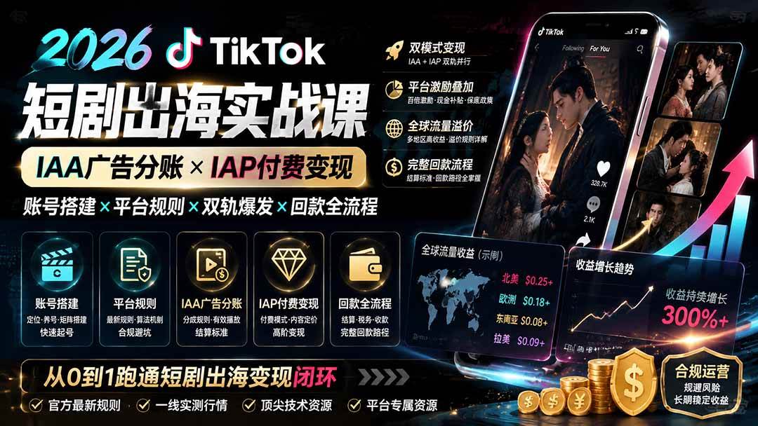 (19740期)2026TikTok短剧出海实战课:IAA广告分账×IAP付费变现×账号搭建×平台规则×双轨爆发×回款全流程-泰戈创艺资源库