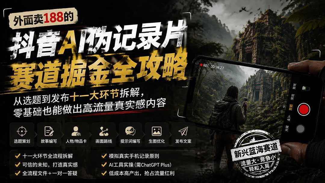 (19743期)外面卖188的抖音AI伪记录片赛道掘金全攻略;从选题到发布十一大环节拆解,零基础也能做出高流量真实感内容-泰戈创艺资源库