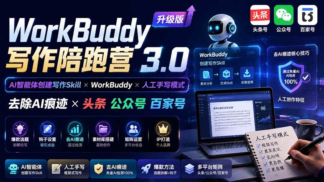 (19720期)WorkBuddy写作陪跑营3.0-更新:Ai智能体创建写作Skill×WorkBuddy×人工手写模式×去除AI痕迹×头条公众号百家号-泰戈创艺资源库