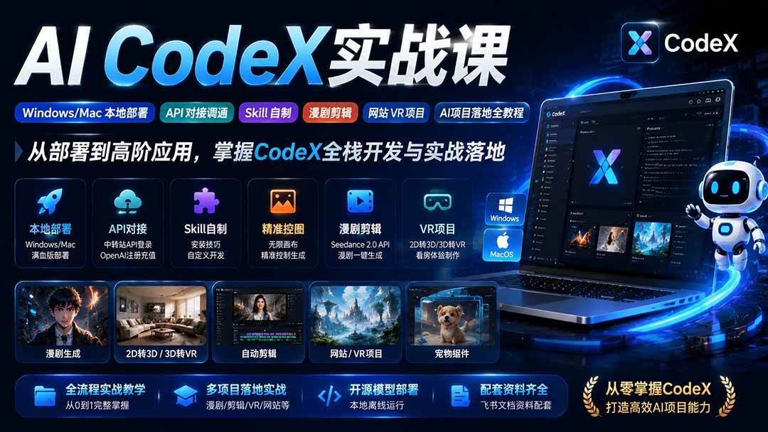 (19769期)AI CodeX实战课|Windows/Mac 本地部署|API 对接调通|Skill 自制|漫剧剪辑|网站 VR 项目|AI项目落地全教程-泰戈创艺资源库