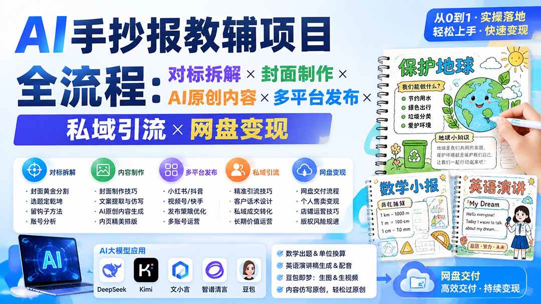 (19785期)AI手抄报教辅项目全流程:对标拆解×封面制作×AI原创内容×多平台发布×私域引流×网盘变现-泰戈创艺资源库