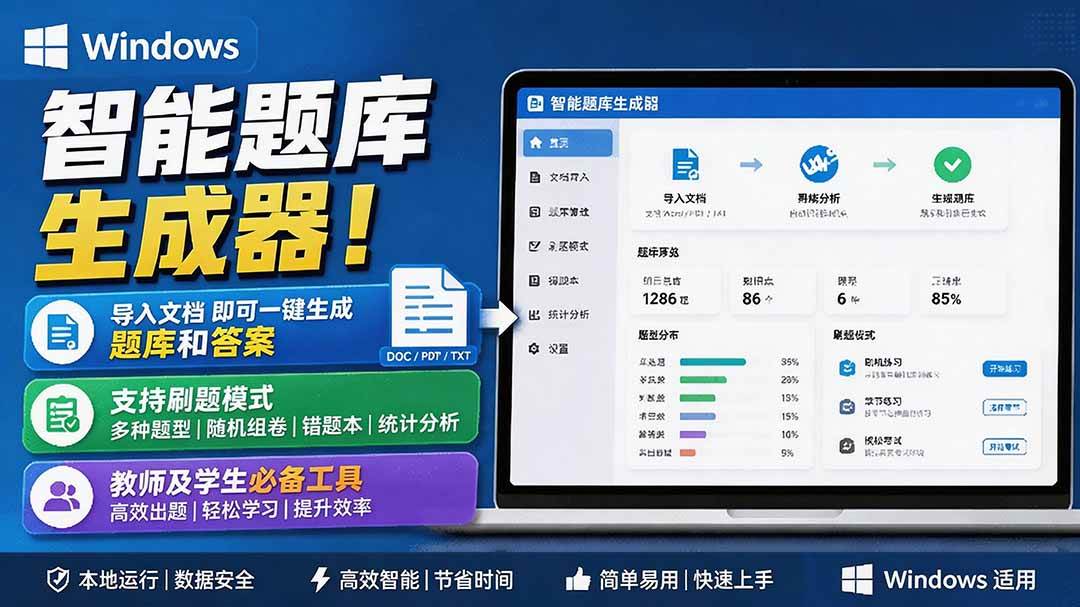 (19855期)Windows 智能题库刷题软件!导入文档一键生成题库和答案,并支持刷题模式,教师及学生必备工具 原创-泰戈创艺资源库