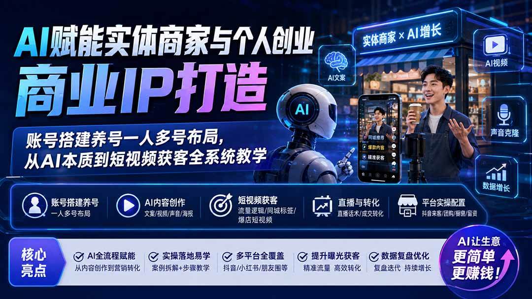 (19852期)AI赋能实体商家与个人创业商业IP打造;账号搭建养号一人多号布局,从AI本质到短视频获客全系统教学-泰戈创艺资源库