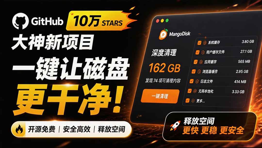 (19894期)在Gtihub上做出10万 stars 的大神,又发布新项目了!一键让磁盘更干净,开源免费清理工具 MangoDisk-泰戈创艺资源库