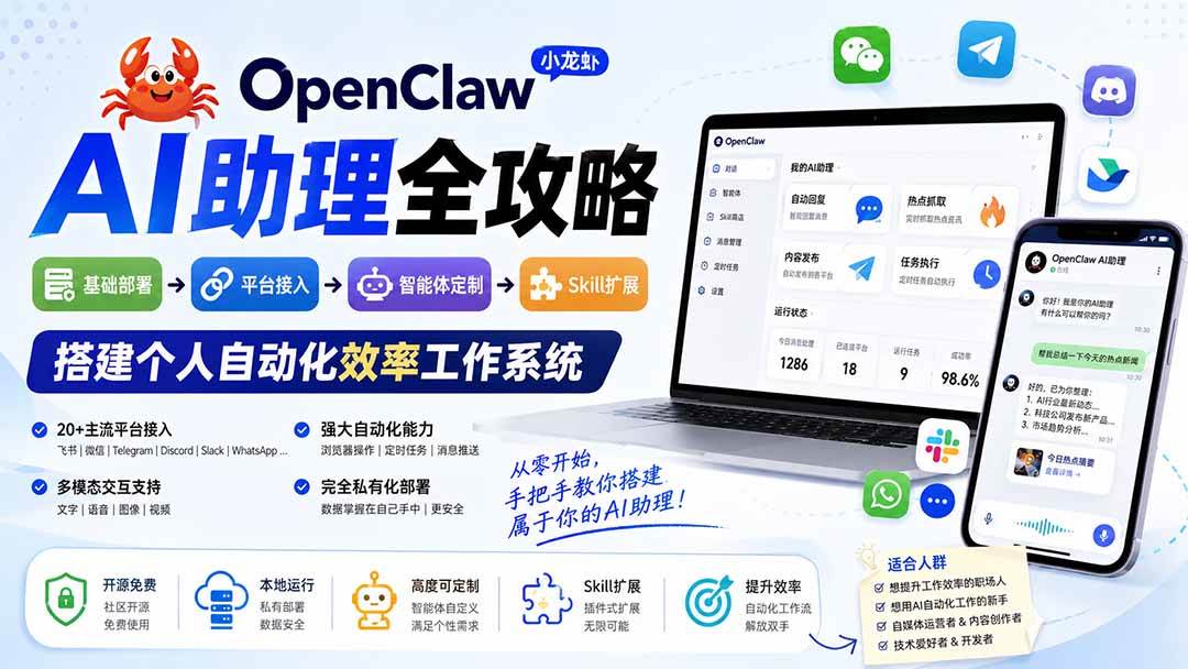 (19889期)OpenClaw小龙虾 AI助理全攻略:基础部署→平台接入→智能体定制→Skill扩展,搭建个人自动化效率工作系统-泰戈创艺资源库