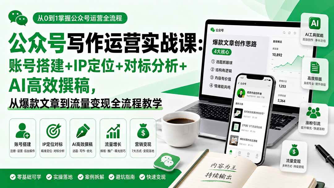 (19914期)公众号写作运营实战课:账号搭建+IP定位+对标分析+AI高效撰稿,从爆款文章到流量变现全流程教学-泰戈创艺资源库