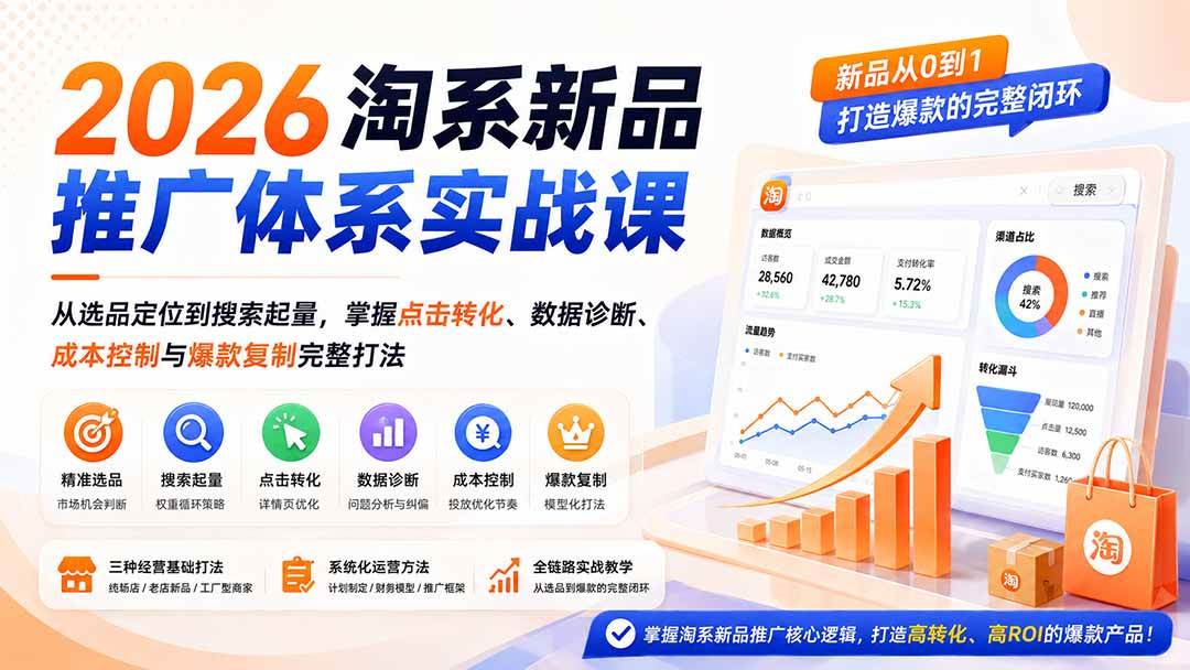 （19908期）2026淘系新品推广体系实战课：从选品定位到搜索起量，掌握点击转化、数据诊断、成本控制与爆款复制完整打法-泰戈创艺资源库