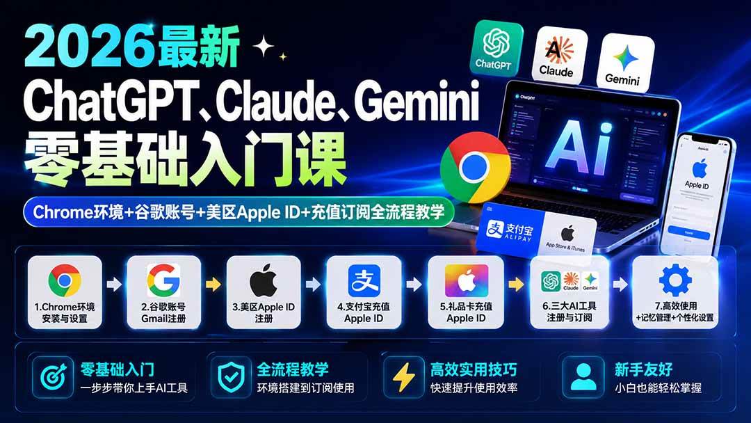(19923期)2026最新ChatGPT、Claude、Gemini零基础入门课:Chrome环境+谷歌账号+美区Apple ID+充值订阅全流程教学-泰戈创艺资源库