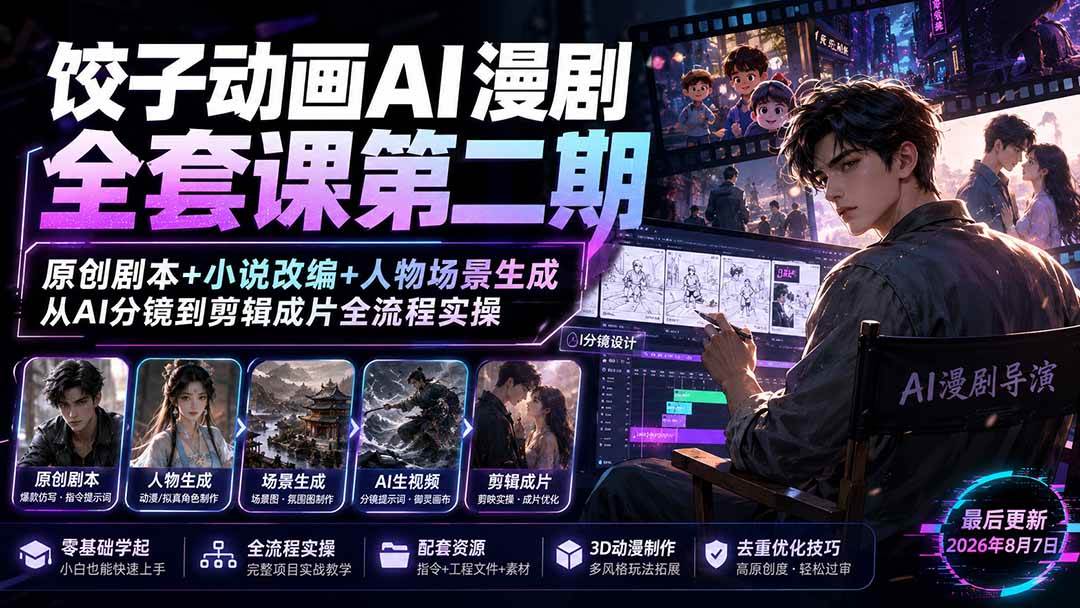 (19910期)饺子动画AI漫剧全套课第二期:原创剧本+小说改编+人物场景生成,从AI分镜到剪辑成片全流程实操-泰戈创艺资源库