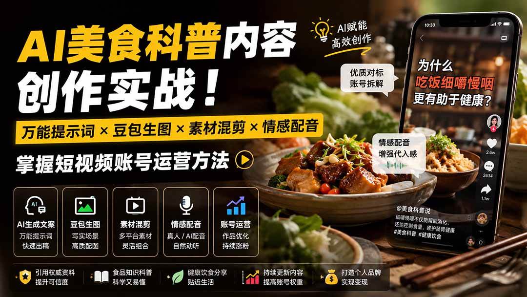 (19730期)外面卖199元-AI美食科普内容创作实战!万能提示词×豆包生图×素材混剪×情感配音,掌握短视频账号运营方法-泰戈创艺资源库
