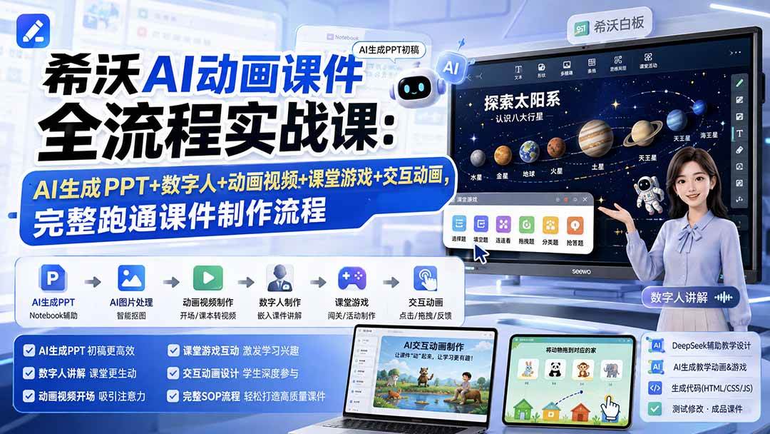 (19743期)希沃AI动画课件全流程实战课:AI生成PPT+数字人+动画视频+课堂游戏+交互动画,完整跑通课件制作流程-泰戈创艺资源库