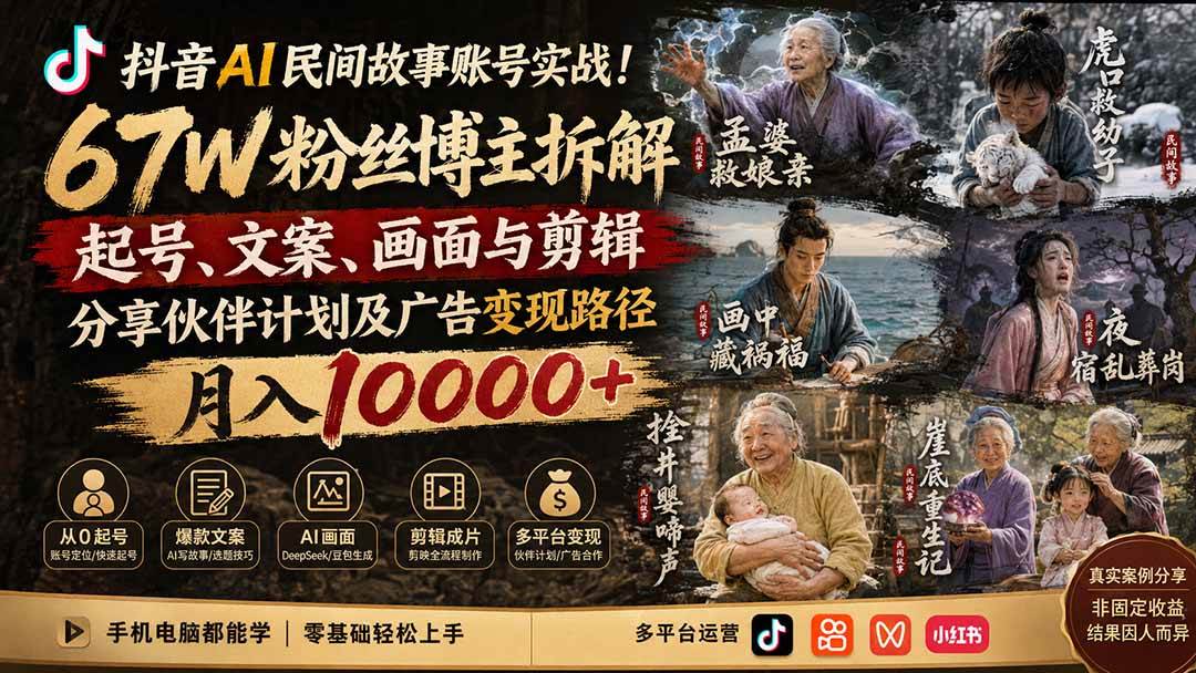 （19738期）抖音AI民间故事账号实战！67W粉丝博主拆解起号、文案、画面与剪辑，分享伙伴计划及广告变现路径，月入10000+-泰戈创艺资源库