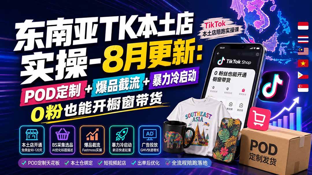 （19963期）东南亚TK本土店实操-8月更新：POD定制+爆品截流+暴力冷启动，0粉也能开橱窗带货-泰戈创艺资源库