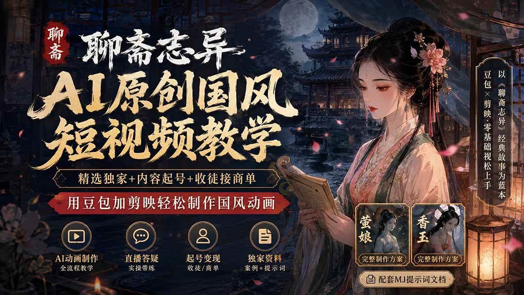 (19754期)聊斋志异AI原创国风短视频教学-更新;精选独家+内容起号+收徒接商单,用豆包加剪映轻松制作国风动画-泰戈创艺资源库