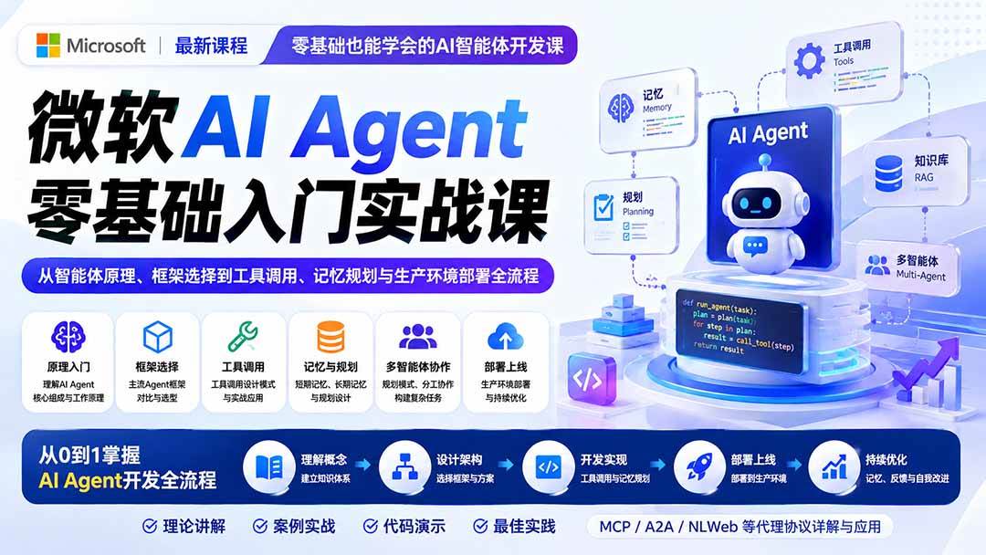 （19977期）微软AI Agent零基础入门实战课：从智能体原理、框架选择到工具调用、记忆规划与生产环境部署全流程-泰戈创艺资源库