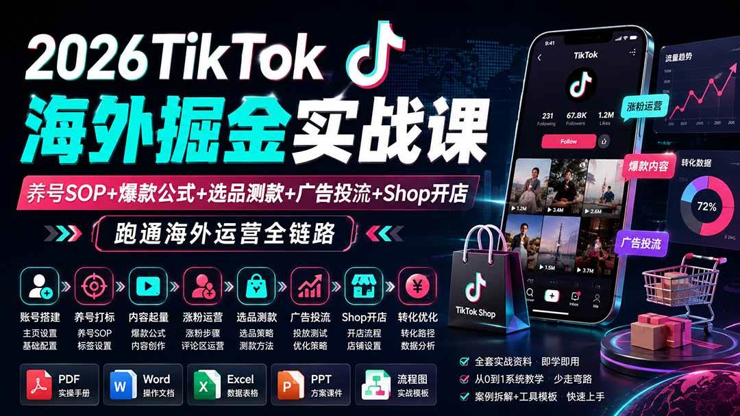 (19973期)2026TikTok海外掘金实战课——养号SOP+爆款公式+选品测款+广告投流+Shop开店,跑通海外运营全链路-泰戈创艺资源库