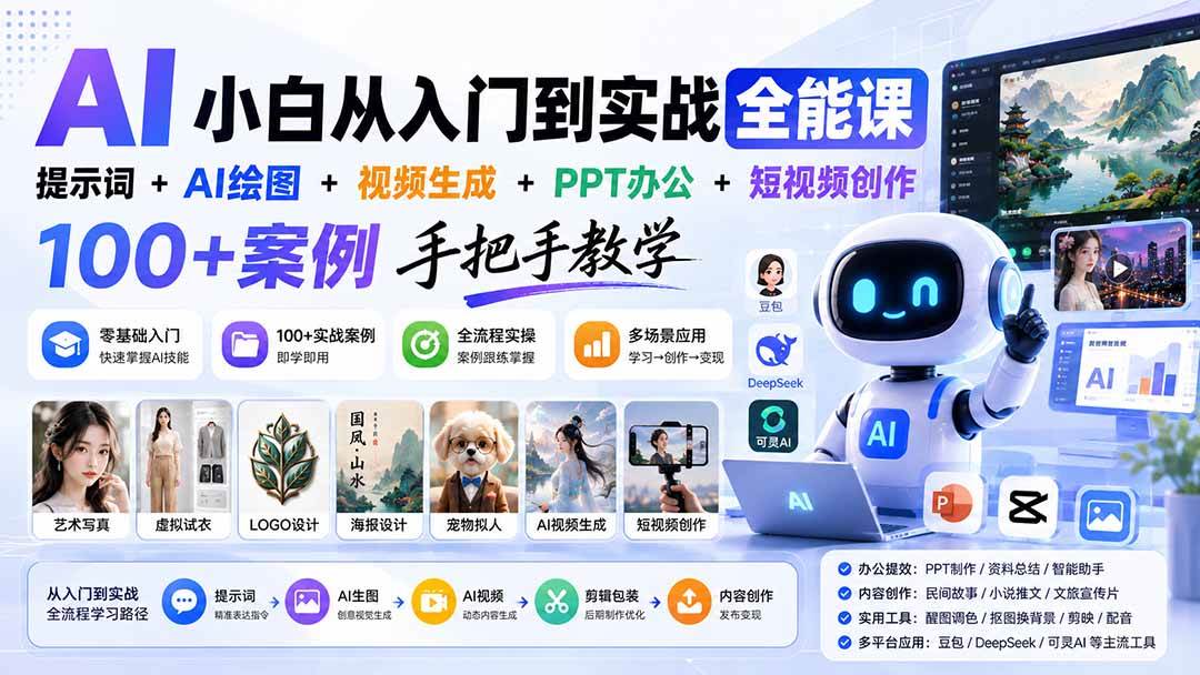(20018期)AI小白从入门到实战全能课:提示词+AI绘图+视频生成+PPT办公+短视频创作,100+案例手把手教学-泰戈创艺资源库