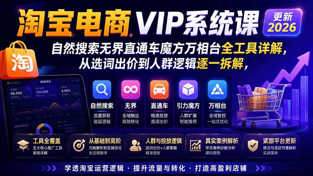 (20035期)淘宝电商VIP系统课-更新8月;自然搜索无界直通车魔方万相台全工具详解,从选词出价到人群逻辑逐一拆解-泰戈创艺资源库
