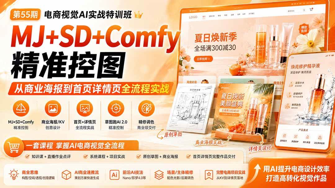 （20027期）电商视觉 AI实战训练营第55期：MJ+SD+Comfy精准控图，从商业海报到首页详情页全流程实战-泰戈创艺资源库