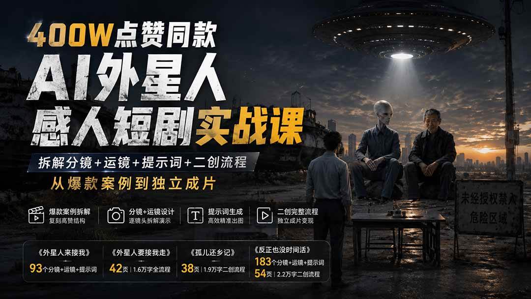 (20052期)400W点赞同款AI外星人感人短剧实战课:拆解分镜+运镜+提示词+二创流程,从爆款案例到独立成片-泰戈创艺资源库