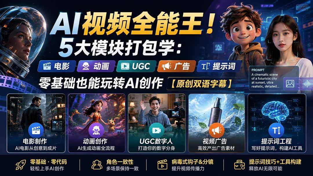(20048期)AI视频全能王!5大模块打包学:电影、动画、UGC、广告、提示词,零基础也能玩转AI创作【原创双语字幕】-泰戈创艺资源库