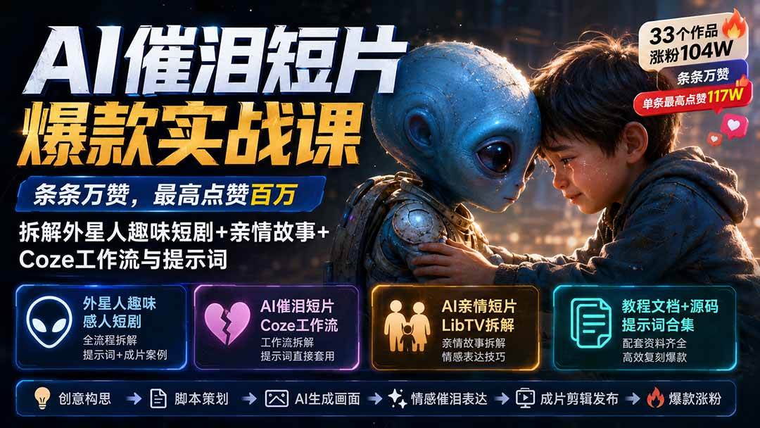 (20038期)AI催泪短片爆款实战课:条条万赞,最高点赞百万,拆解外星人趣味短剧+亲情故事+Coze工作流与提示词-泰戈创艺资源库