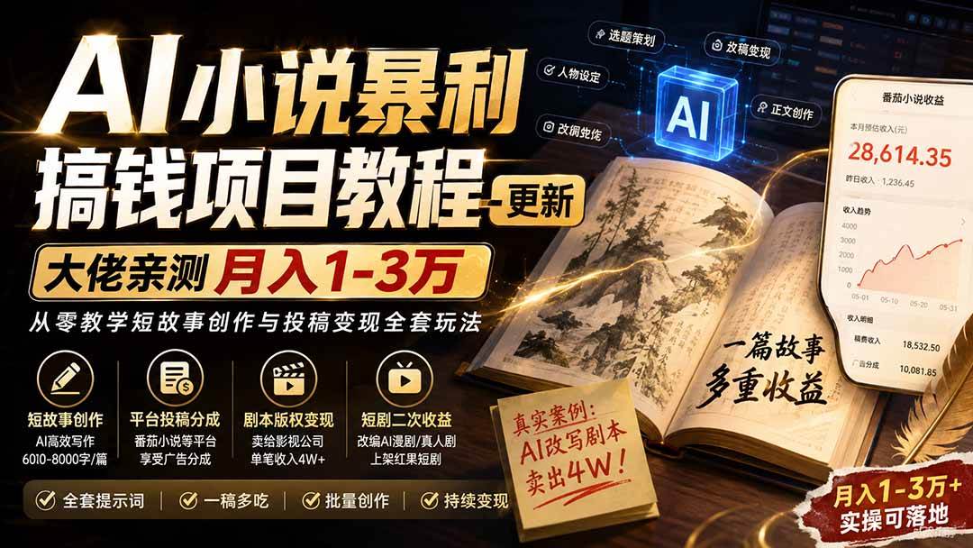 (20044期)AI小说暴利搞钱项目教程-更新,大佬亲测月入1-3万,从零教学短故事创作与投稿变现全套玩法-泰戈创艺资源库