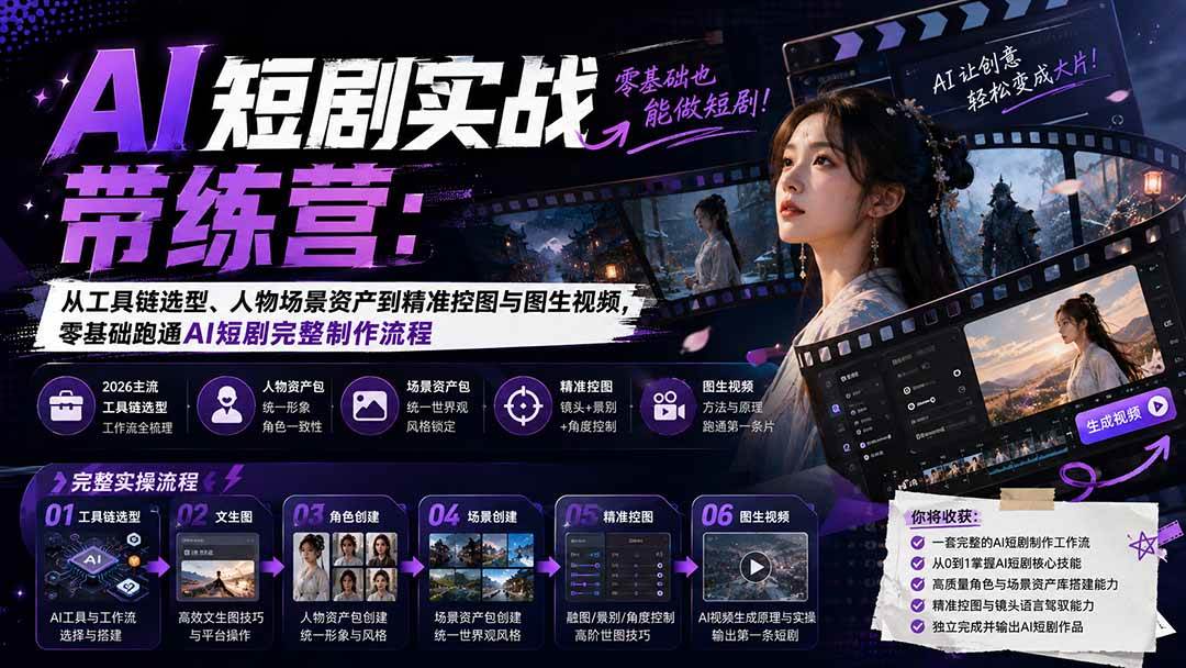 (20064期)AI短剧实战训练营:从工具链选型、人物场景资产到精准控图与图生视频,零基础跑通AI短剧完整制作流程-泰戈创艺资源库