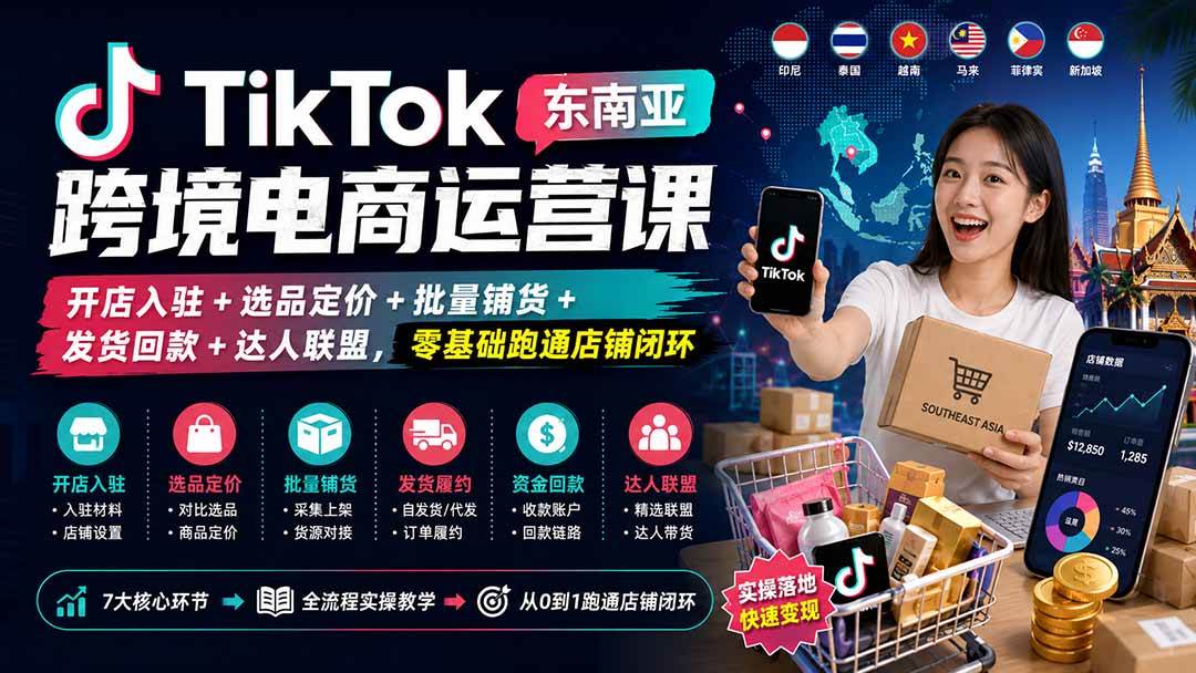 （20059期）TikTok东南亚跨境电商运营课：开店入驻+选品定价+批量铺货+发货回款+达人联盟，零基础跑通店铺闭环-泰戈创艺资源库