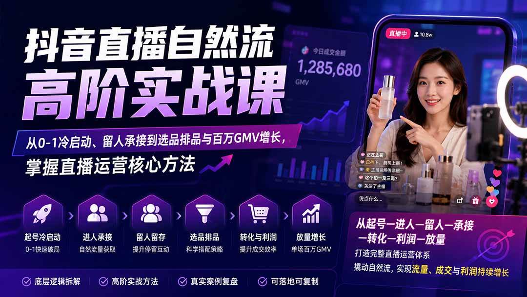 （20058期）抖音直播自然流高阶实战课：从0-1冷启动、留人承接到选品排品与百万GMV增长，掌握直播运营核心方法-泰戈创艺资源库