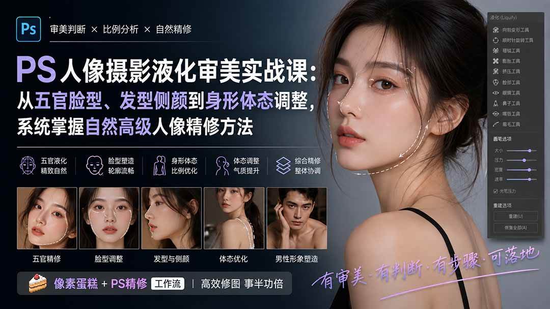 （20062期）PS人像摄影液化审美实战课：从五官脸型、发型侧颜到身形体态调整，系统掌握自然高级人像精修方法-泰戈创艺资源库