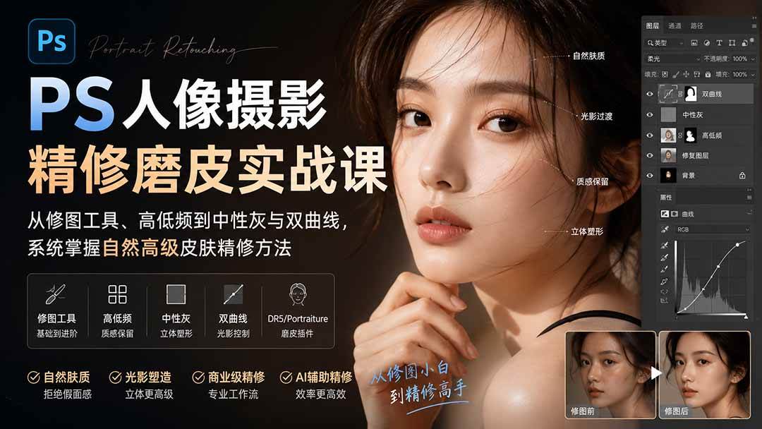 （20061期）PS人像摄影精修磨皮实战课：从修图工具、高低频到中性灰与双曲线，系统掌握自然高级皮肤精修方法-泰戈创艺资源库