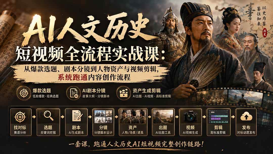 （20074期）AI人文历史短视频全流程实战课：从爆款选题、剧本分镜到人物资产与视频剪辑，系统跑通内容创作流程-泰戈创艺资源库