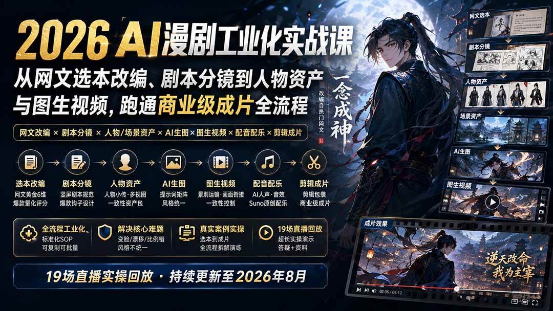(20068期)2026 AI漫剧工业化实战课-更新:从网文选本改编、剧本分镜到人物资产与图生视频,跑通商业级成片全流程-泰戈创艺资源库