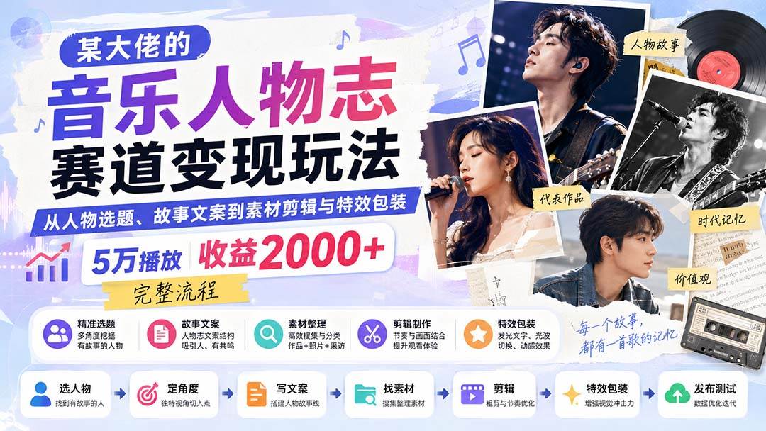 (20121期)某大佬的音乐人物志赛道变现玩法:从人物选题、故事文案到素材剪辑与特效包装,5万播放收益2000+完整流程-泰戈创艺资源库