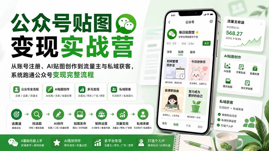 (20120期)公众号贴图变现实战营:从账号注册、AI贴图创作到流量主与私域获客,系统跑通公众号变现完整流程-泰戈创艺资源库