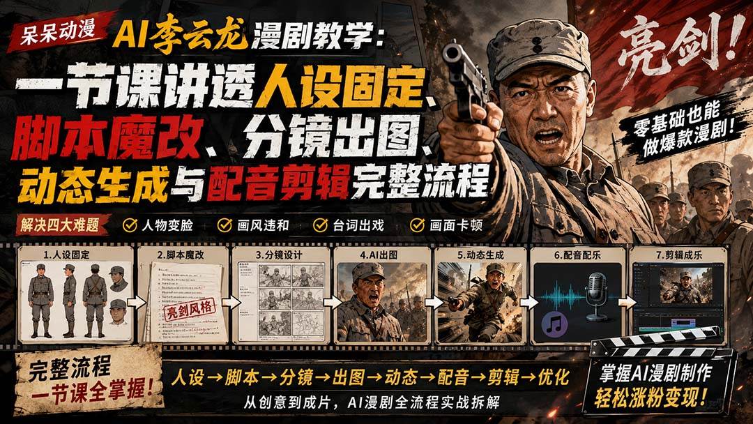 (20107期)呆呆动漫AI李云龙漫剧教学:一节课讲透人设固定、脚本魔改、分镜出图、动态生成与配音剪辑完整流程-泰戈创艺资源库