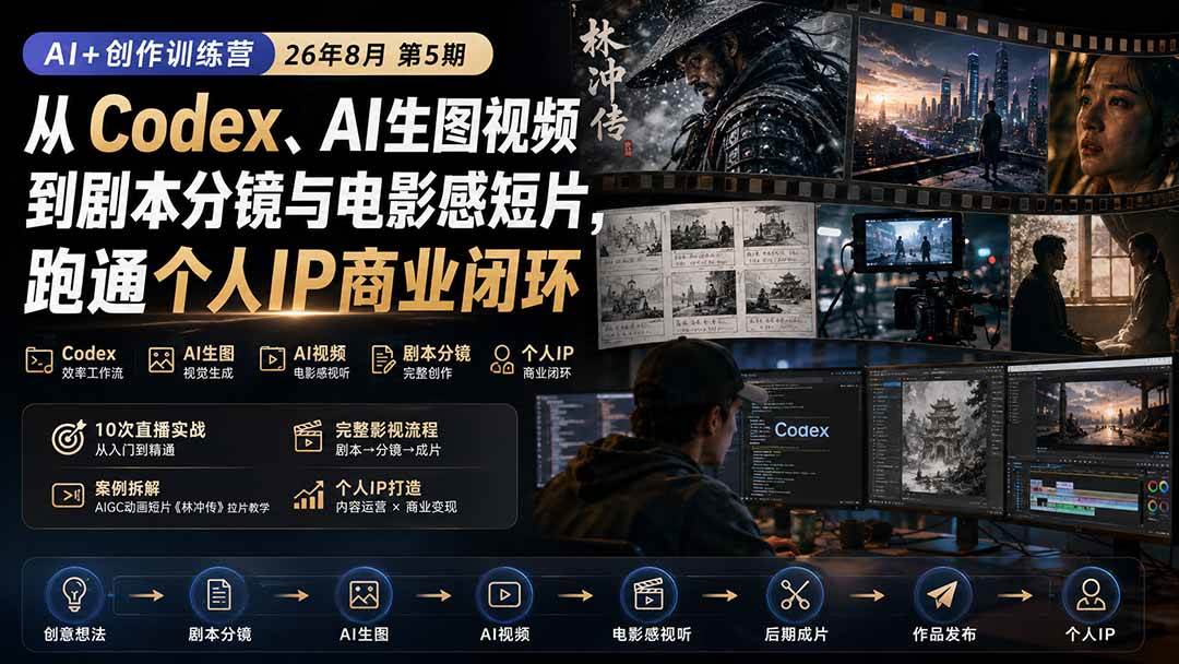 (20145期)AI+创作训练营26年8月第5期:从Codex、AI生图视频到剧本分镜与电影感短片,跑通个人IP商业闭环-泰戈创艺资源库