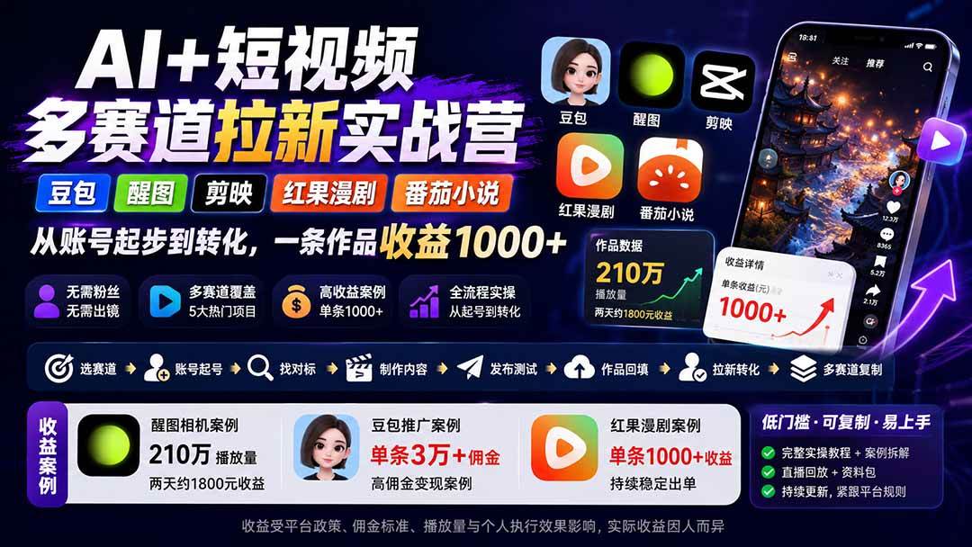 (20142期)AI+短视频多赛道拉新实战营:豆包+醒图+剪映+红果漫剧+番茄小说,从账号起步到转化,一条作品收益1000+-泰戈创艺资源库
